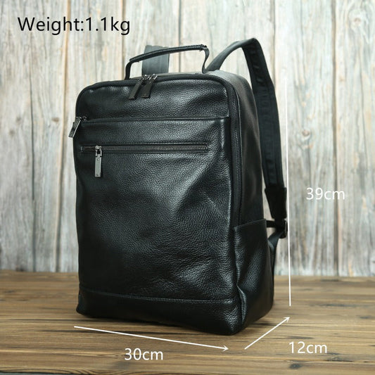 Black Mens Leather 14'' Laptop Backpack School Backpack Black Travel Backpack for Men