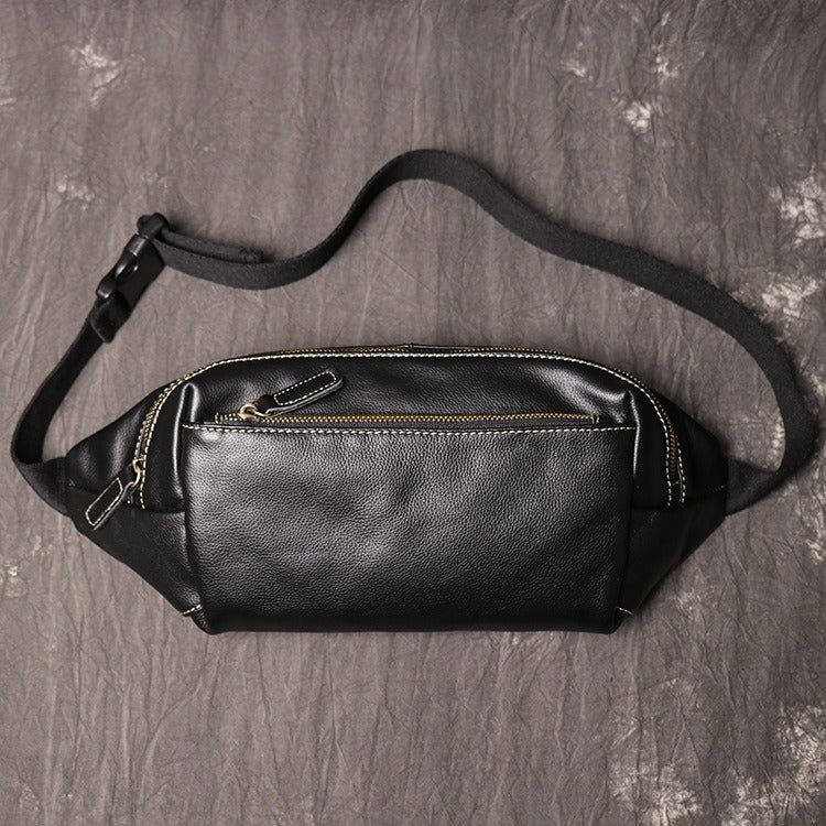 Black Mens Leather Fanny Pack Bum Bag Black Sling Bag Black Chest Bag For Men