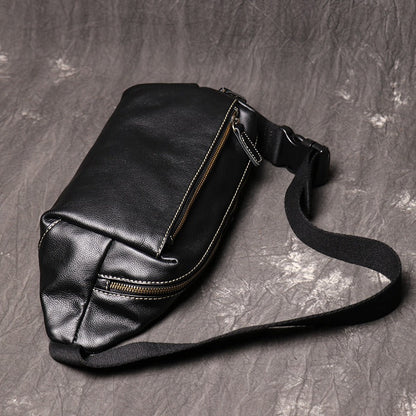 Black Mens Leather Fanny Pack Bum Bag Black Sling Bag Black Chest Bag For Men