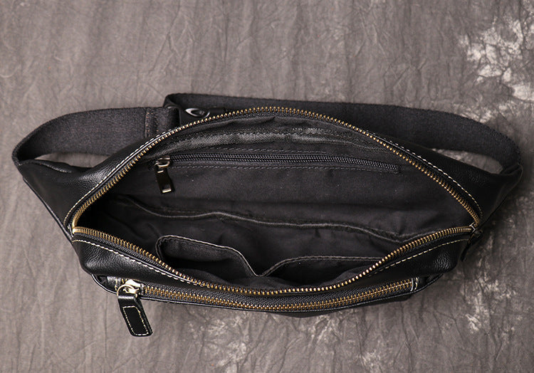 Black Mens Leather Fanny Pack Bum Bag Black Sling Bag Black Chest Bag For Men