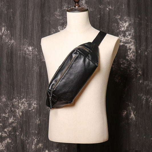Black Mens Leather Fanny Pack Bum Bag Black Sling Bag Black Chest Bag For Men