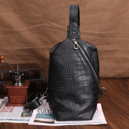 Black Mens Leather Sling Bag Sling Crossbody Pack Sling Travel Pack Sling Chest Bag For Men