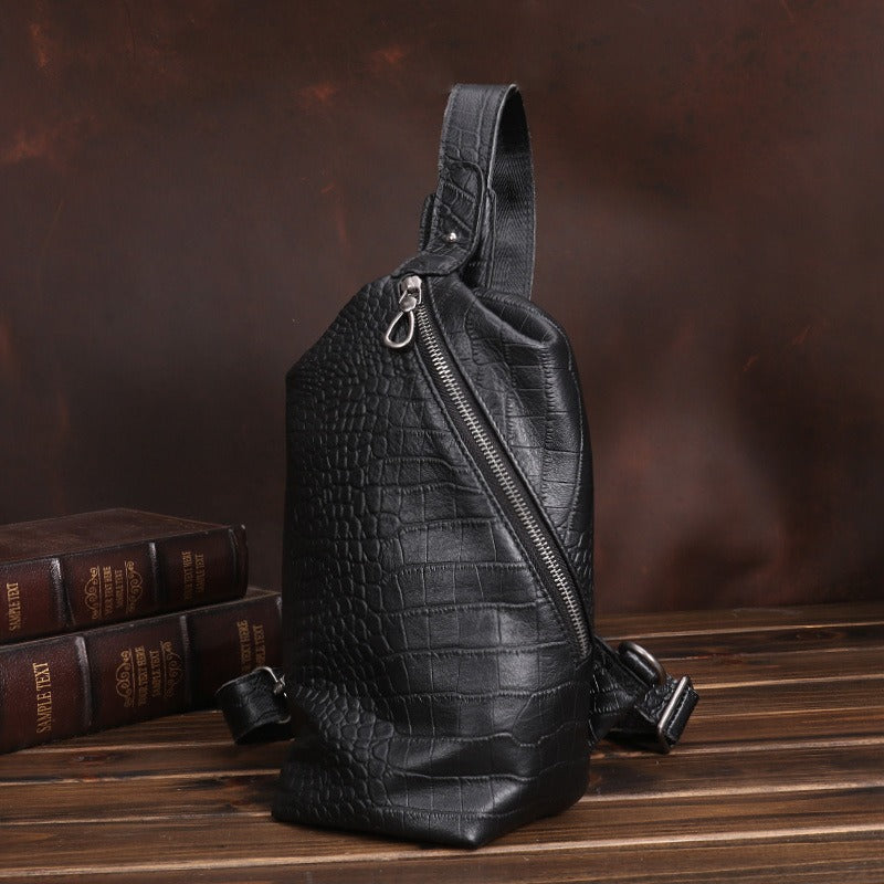 Black Mens Leather Sling Bag Sling Crossbody Pack Sling Travel Pack Sling Chest Bag For Men