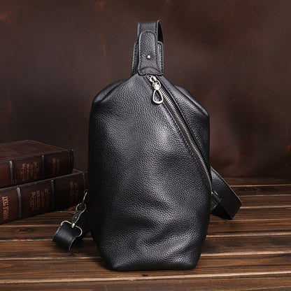 Black Mens Leather Sling Bag Sling Crossbody Pack Sling Travel Pack Sling Chest Bag For Men