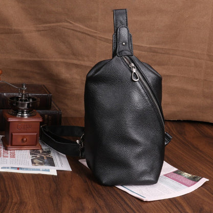 Black Mens Leather Sling Bag Sling Crossbody Pack Sling Travel Pack Sling Chest Bag For Men