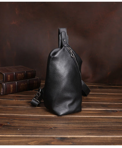 Black Mens Leather Sling Bag Sling Crossbody Pack Sling Travel Pack Sling Chest Bag For Men