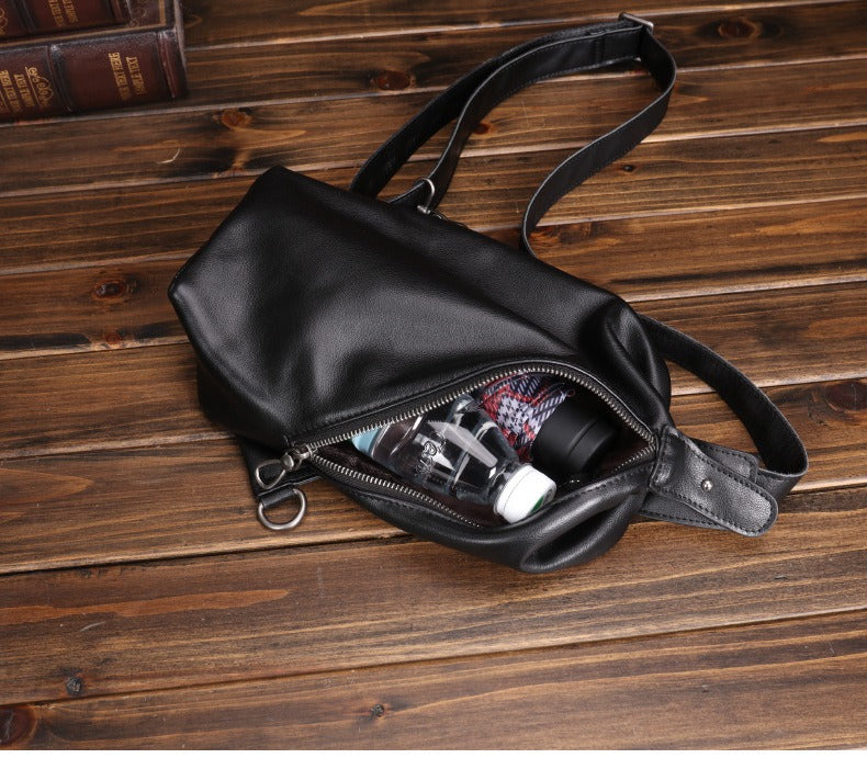 Black Mens Leather Sling Bag Sling Crossbody Pack Sling Travel Pack Sling Chest Bag For Men