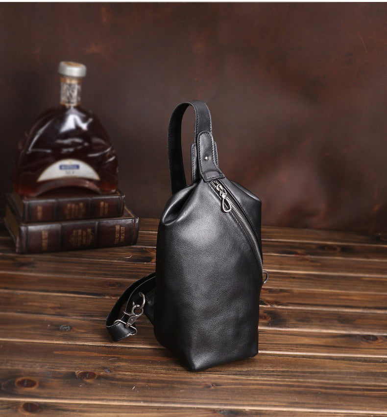 Black Mens Leather Sling Bag Sling Crossbody Pack Sling Travel Pack Sling Chest Bag For Men