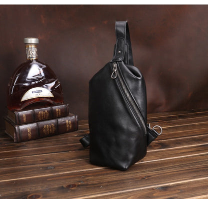 Black Mens Leather Sling Bag Sling Crossbody Pack Sling Travel Pack Sling Chest Bag For Men