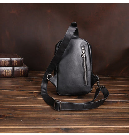 Black Mens Leather Sling Bag Sling Crossbody Pack Sling Travel Pack Sling Chest Bag For Men