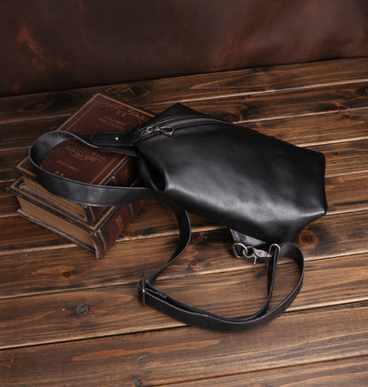 Black Mens Leather Sling Bag Sling Crossbody Pack Sling Travel Pack Sling Chest Bag For Men