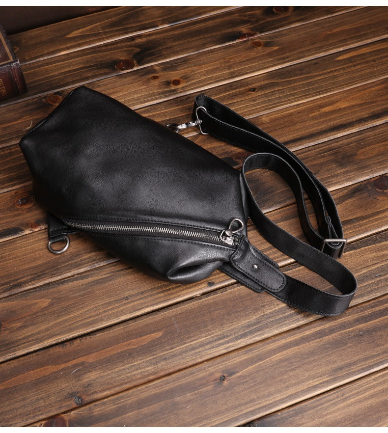 Black Mens Leather Sling Bag Sling Crossbody Pack Sling Travel Pack Sling Chest Bag For Men