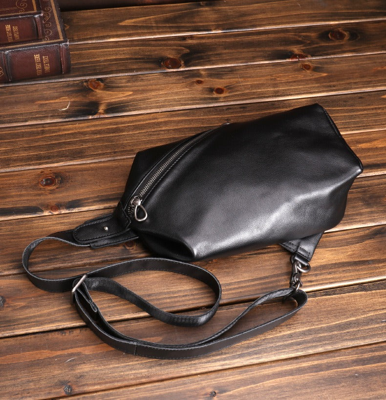 Black Mens Leather Sling Bag Sling Crossbody Pack Sling Travel Pack Sling Chest Bag For Men