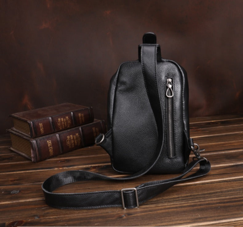 Black Mens Leather Sling Bag Sling Crossbody Pack Sling Travel Pack Sling Chest Bag For Men