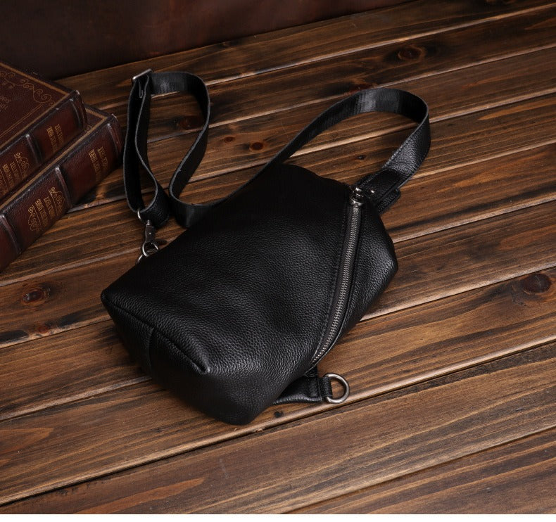 Black Mens Leather Sling Bag Sling Crossbody Pack Sling Travel Pack Sling Chest Bag For Men