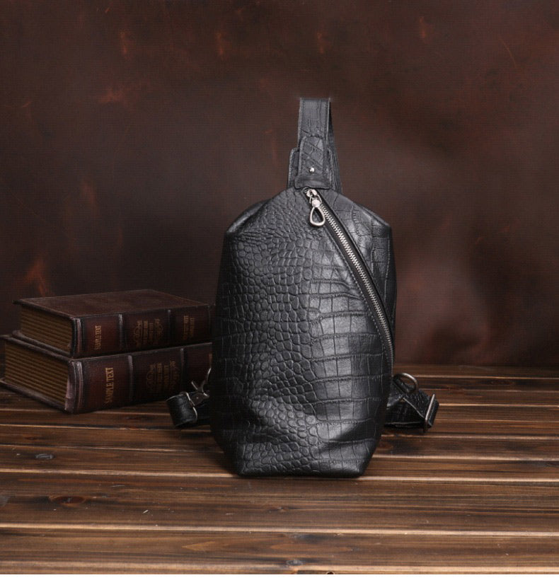 Black Mens Leather Sling Bag Sling Crossbody Pack Sling Travel Pack Sling Chest Bag For Men