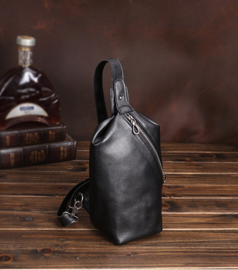 Black Mens Leather Sling Bag Sling Crossbody Pack Sling Travel Pack Sling Chest Bag For Men