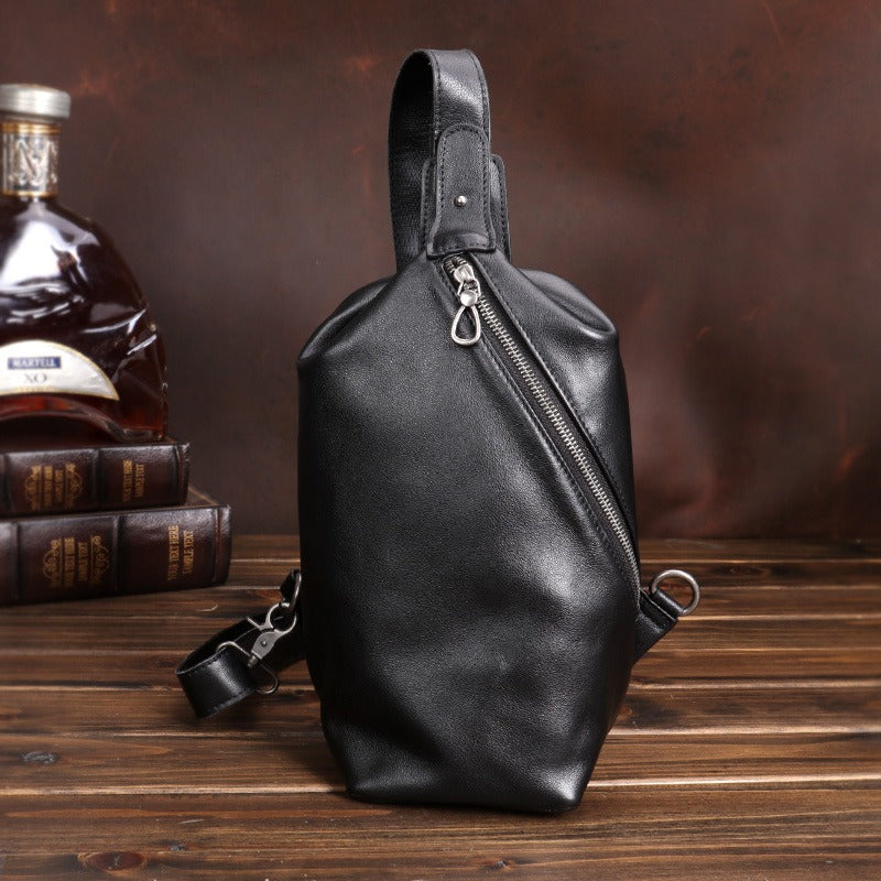 Black Mens Leather Sling Bag Sling Crossbody Pack Sling Travel Pack Sling Chest Bag For Men