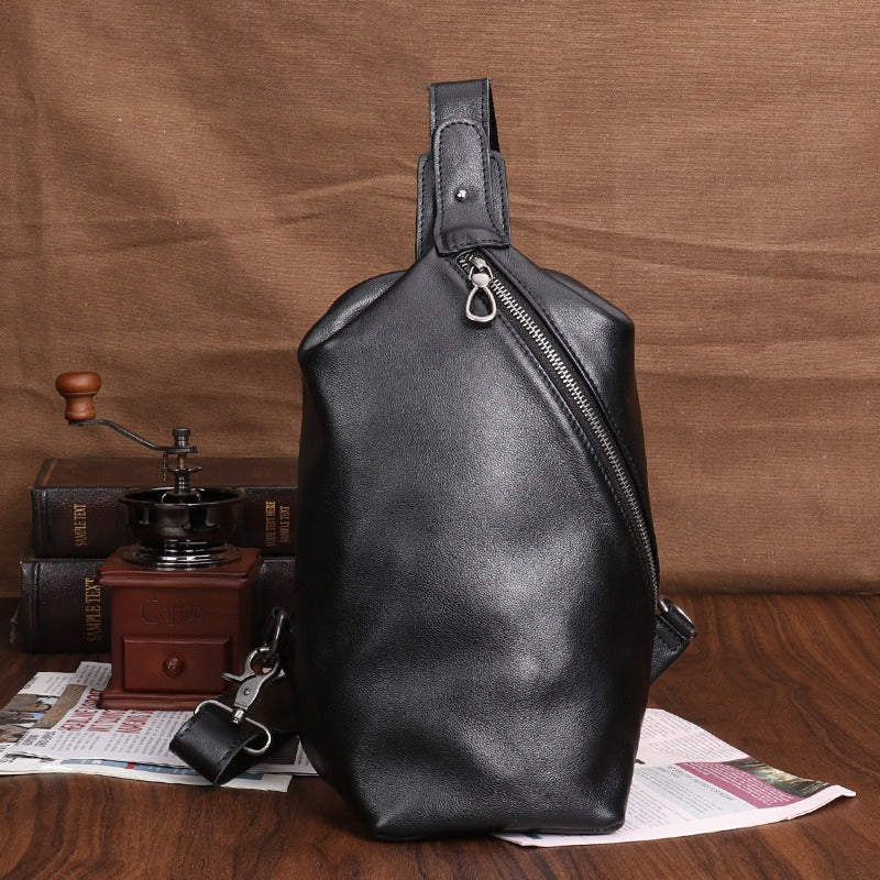 Black Mens Leather Sling Bag Sling Crossbody Pack Sling Travel Pack Sling Chest Bag For Men