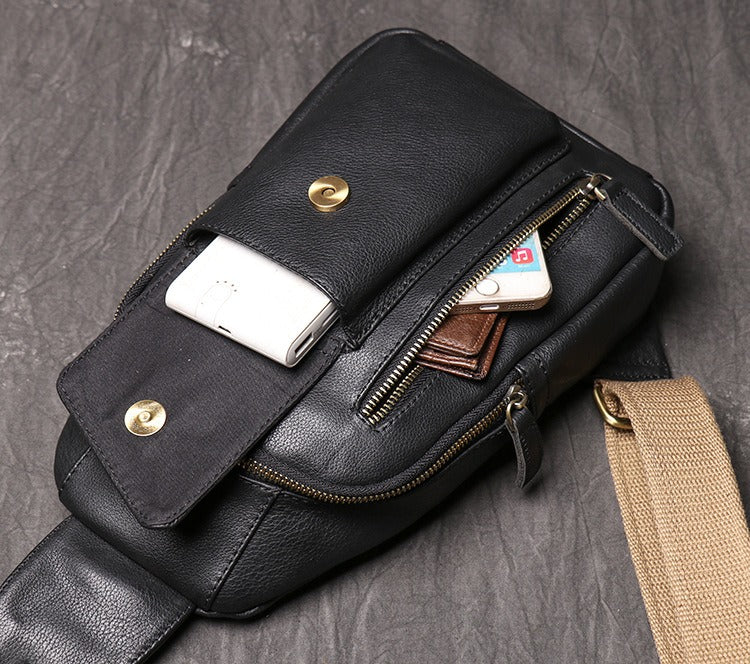 Black Mens Leather Sling Pack Cool Leather Sling Bag Cool Sling Crossbody Packs For Men