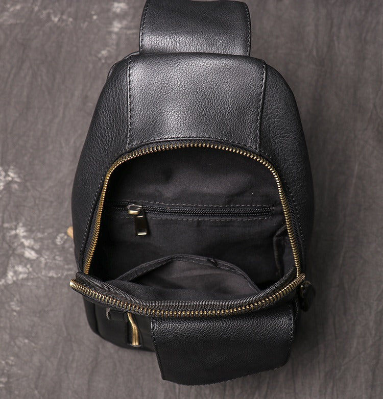 Black Mens Leather Sling Pack Cool Leather Sling Bag Cool Sling Crossbody Packs For Men