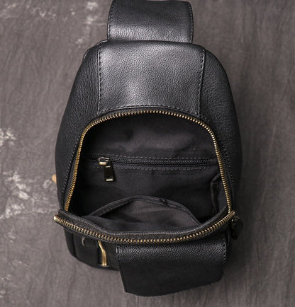 Black Mens Leather Sling Pack Cool Leather Sling Bag Cool Sling Crossbody Packs For Men