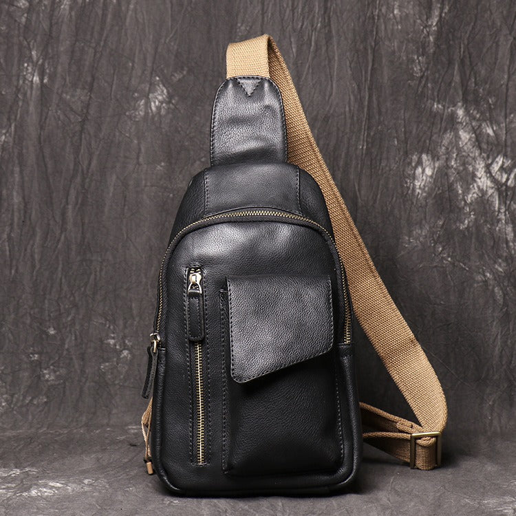 Black Mens Leather Sling Pack Cool Leather Sling Bag Cool Sling Crossbody Packs For Men