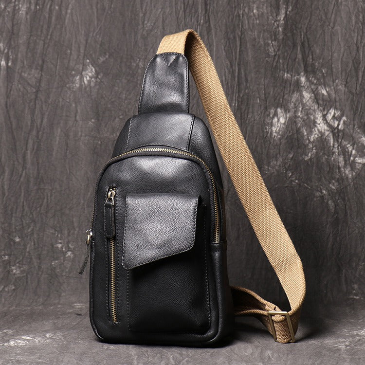 Black Mens Leather Sling Pack Cool Leather Sling Bag Cool Sling Crossbody Packs For Men