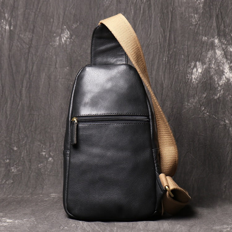 Black Mens Leather Sling Pack Cool Leather Sling Bag Cool Sling Crossbody Packs For Men