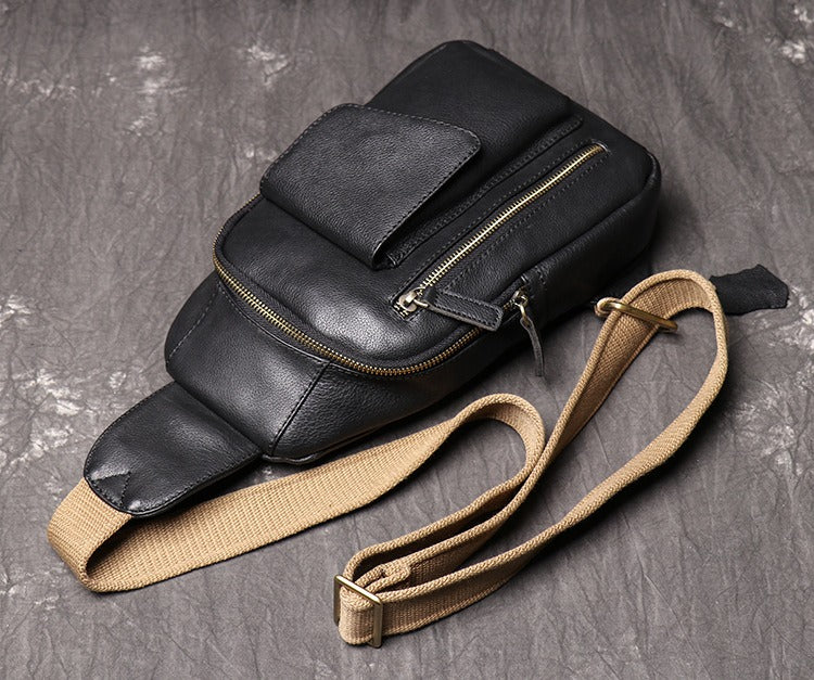 Black Mens Leather Sling Pack Cool Leather Sling Bag Cool Sling Crossbody Packs For Men