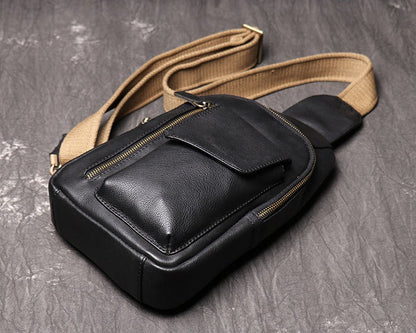 Black Mens Leather Sling Pack Cool Leather Sling Bag Cool Sling Crossbody Packs For Men