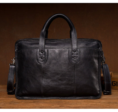 Brown Leather Mens 15 inches Large Briefcase Laptop Side Bag Black Travel Handbag Work Bag for Men