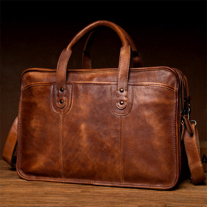 Brown Leather Mens 15 inches Large Briefcase Laptop Side Bag Black Travel Handbag Work Bag for Men