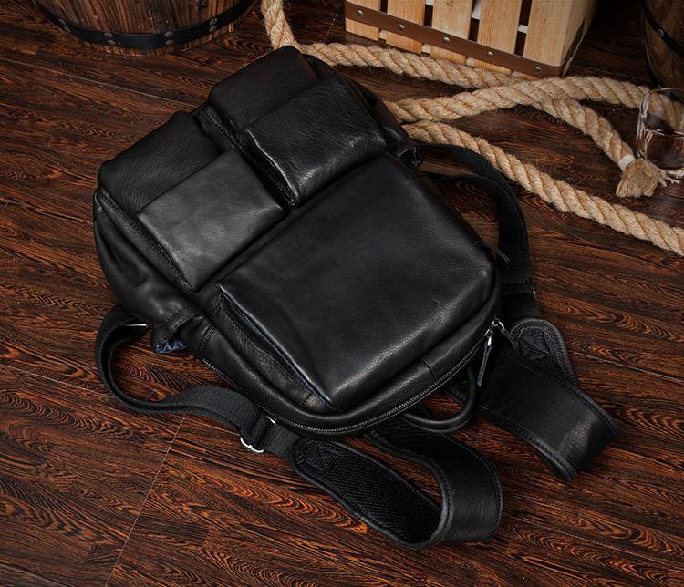 Cool Black Mens Leather 14 inches Computer Backpacks Cool Travel Backpacks School Backpack for men