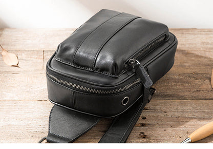 Casual Black Leather Mens Sling Bag Black Sling Pack One Shoulder Backpack for Men