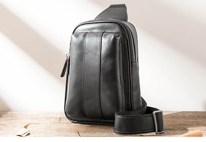 Casual Black Leather Mens Sling Bag Black Sling Pack One Shoulder Backpack for Men