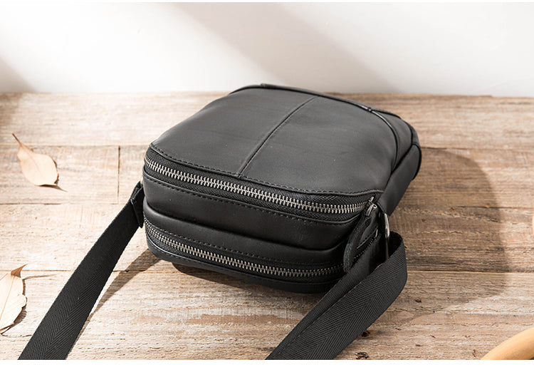 Black Leather Mens Small Vertical Messenger Bag Postman Bag Small Courier Bag for Men