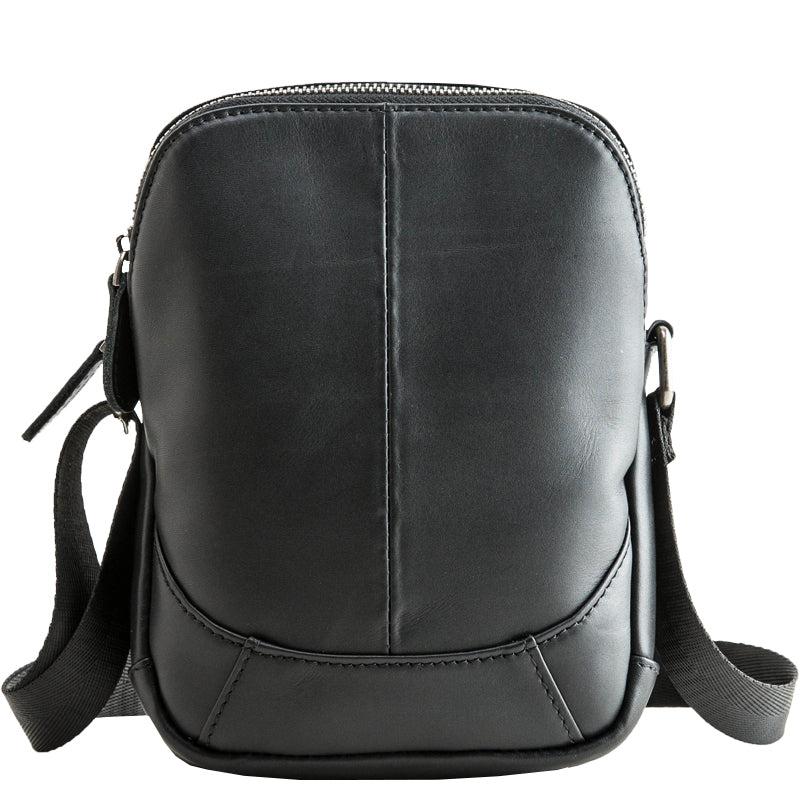 Black Leather Mens Small Vertical Messenger Bag Postman Bag Small Courier Bag for Men