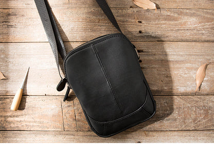 Black Leather Mens Small Vertical Messenger Bag Postman Bag Small Courier Bag for Men