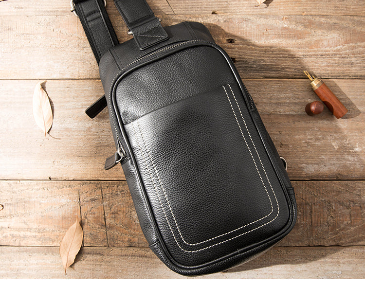 Black Leather Mens Large Sling Bag Chest Bag Sling Pack Black One Shoulder Backpack for Men