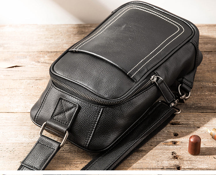 Black Leather Mens Large Sling Bag Chest Bag Sling Pack Black One Shoulder Backpack for Men