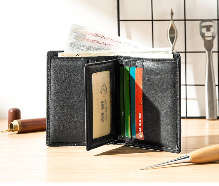 Black Leather Mens Small Wallet Slim Wallet Bifold Black Billfold Wallet billfold Wallet for Men