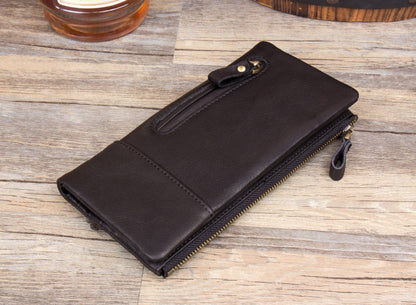 Black Cool Mens Leather long Wallet Brown Leather Zipper Wallet Long Wallets Clutch for Men