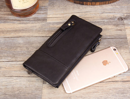 Black Cool Mens Leather long Wallet Brown Leather Zipper Wallet Long Wallets Clutch for Men