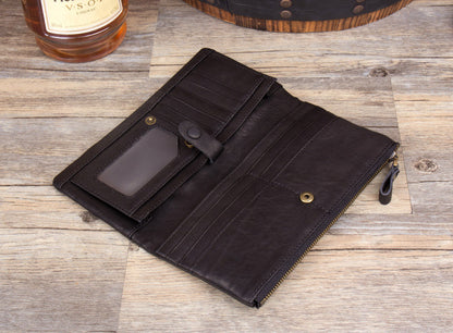 Black Cool Mens Leather long Wallet Brown Leather Zipper Wallet Long Wallets Clutch for Men