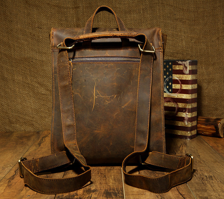 Black Fashion Mens Leather 14-inch Computer Backpack Brown Side Bag Messenger Bag for men