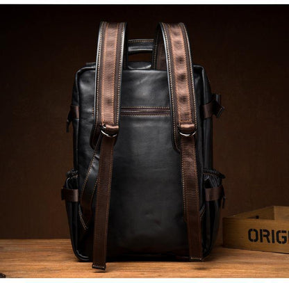 Black Fashion Mens Leather 14-inch Computer Backpacks Cool Travel Backpack School Backpack for men