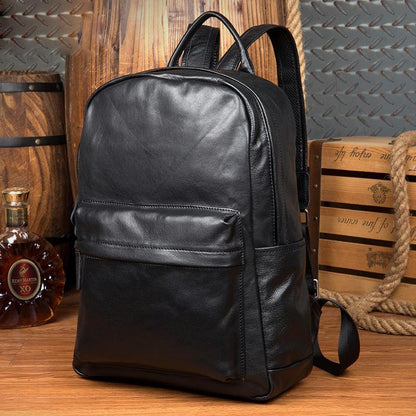 Cool Black Mens Leather 15inches Computer Backpack Fashion Travel Backpack School Backpack for men