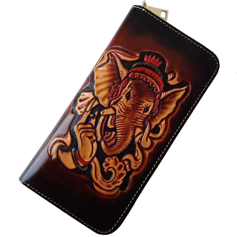 Brown Handmade Ganesha Leather Long Wallet Zipper Wallet Clutch Wallet For Men