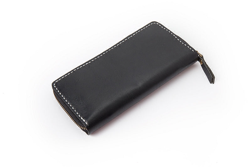 Black Handmade Leather Mens Long Wallet Bifold Zipper Clutch Wallet CellPhone Wallet For Men